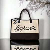 RodyThread Personalized Name Canvas Tote Bag for Women Bride Bridesmaid Proposal Preppy Coquette Minimalist Black and Cream Cotton Canvas Custom Monogrammed Gift for Her Bachelorette Bach Trip Beach Vacation Shopper with Ribbon Bow