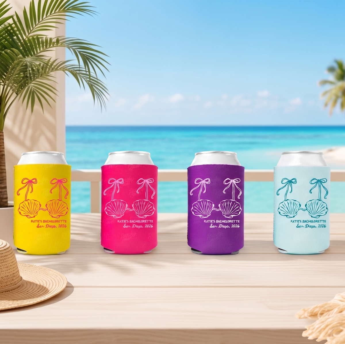 Four colorful Custom Little Mermaid Bachelorette Can Coolers in yellow, pink, purple, and sky blue lined up on sunny deck