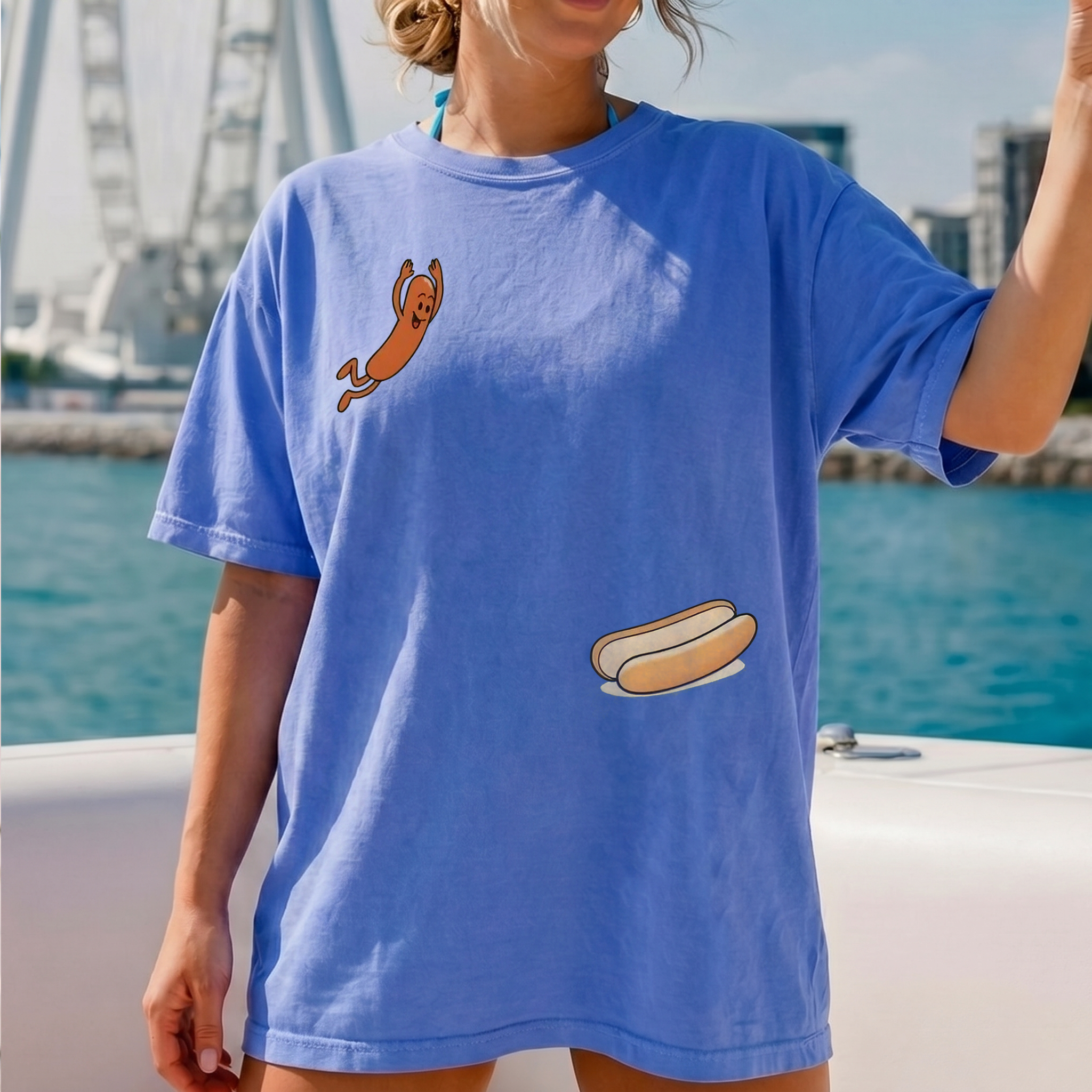 RodyThread Funny Jumping Hot Dog Oversized Graphic T-Shirt For Men Women Unisex Retro Cartoon Summer BBQ Dad Joke Humor Light Blue Cotton Grilling Present Sausage Tee High Dive Humor Top Barbecue Lover Apparel Fathers Day Gift