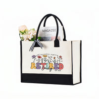 RodyThread Personalized Not My Problem Anymore Retired Est 2026 Canvas Tote Bag for Women Mom Coworker Retro Groovy Floral Funny Natural Cotton Canvas Black Trim Retirement Party Gifts Custom Name Beach Travel Shoulder Bag