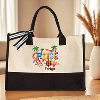 RodyThread Custom Name Summer Trip Tote Personalized Canvas Beach Bag For Women Girls Trip Preppy Coastal Coquette Aesthetic Natural Beige Black Canvas Bridesmaid Bachelorette Vacation Gift Destination Holiday Travel Essentials Ribbon Bow