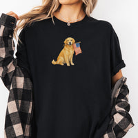 RodyThread Patriotic Golden Retriever USA Flag Graphic T-Shirt for Women and Dog Moms Vintage Americana Preppy Style Olive Green Cotton Tee 4th of July Independence Day Summer Outfit Casual Country Western Loose Fit Apparel Cute American Pet Lover Gift