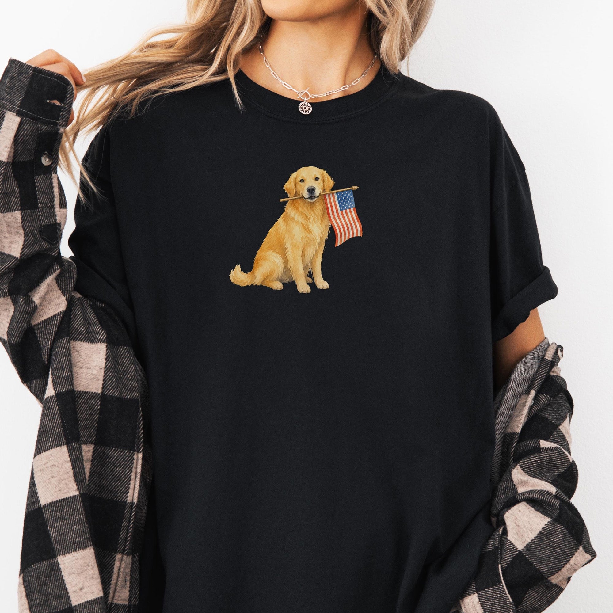 RodyThread Patriotic Golden Retriever USA Flag Graphic T-Shirt for Women and Dog Moms Vintage Americana Preppy Style Olive Green Cotton Tee 4th of July Independence Day Summer Outfit Casual Country Western Loose Fit Apparel Cute American Pet Lover Gift