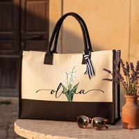 RodyThread Trendy Personalized Custom Birth Month Flower Name Canvas Tote Bag For Women Preppy Coquette Botanical Aesthetic Beige Black Canvas Birthday Gift Monogram Reusable Shopper Shoulder Bag Summer Travel Vacation Accessories