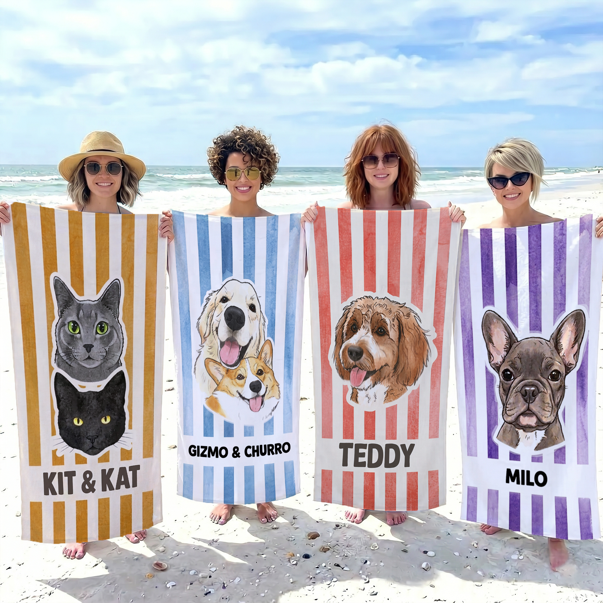 RodyThread Custom Personalized Pet Portrait Name Beach Towel for Dog Mom Cat Lovers Preppy Summer Cabana Stripe Aesthetic Colorful Microfiber Pool Swim Towel Matching Outfit Pet Stripe Towel Unique Gift Vacation Essentials 2026