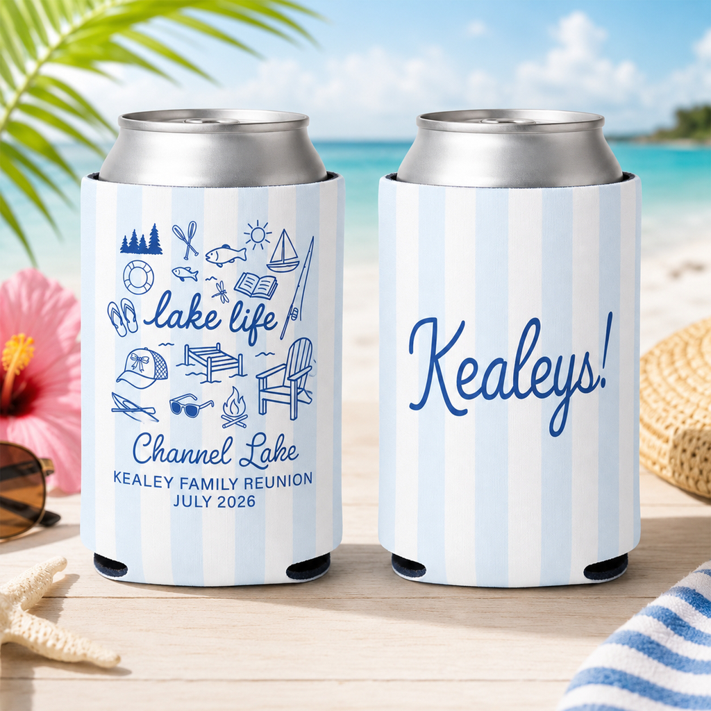 RodyThread Personalized Summer Lake Party Bachelorette Weekend Favors Slim Can Coolers Drink Sleeve Bridesmaids Girls Coastal Preppy Camp Vibe Blue White Striped Waterproof Neoprene Custom Birthday Bulk Gifts Seltzer Holders Last Toast Coast