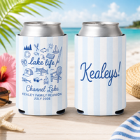 RodyThread Personalized Summer Lake Party Bachelorette Weekend Favors Slim Can Coolers Drink Sleeve Bridesmaids Girls Coastal Preppy Camp Vibe Blue White Striped Waterproof Neoprene Custom Birthday Bulk Gifts Seltzer Holders Last Toast Coast
