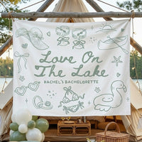Personalized Lake Bachelorette Party Banner Tapestry Party Backdrop For Bridesmaids Preppy Coastal Glamping Aesthetic White Fabric Print Love On The Lake Decor Line Art Flamingo Float Graphic