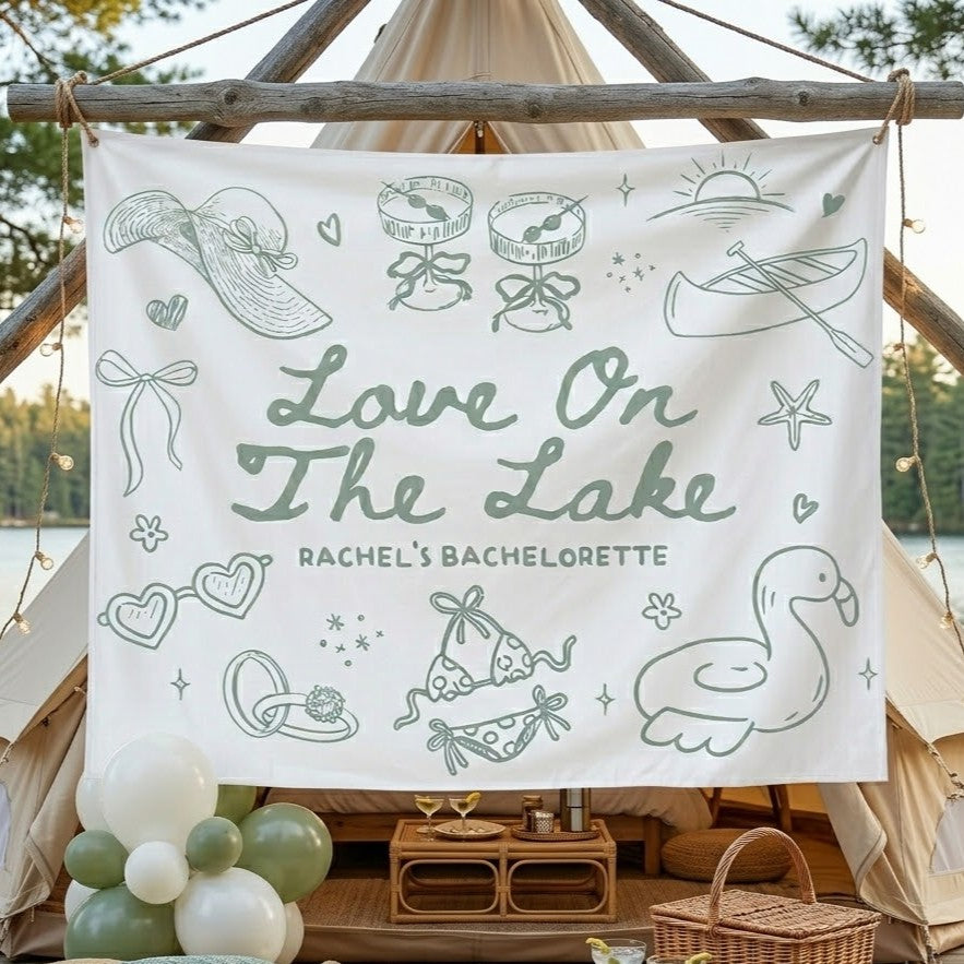 Personalized Lake Bachelorette Party Banner Tapestry Party Backdrop For Bridesmaids Preppy Coastal Glamping Aesthetic White Fabric Print Love On The Lake Decor Line Art Flamingo Float Graphic