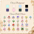 Customization guide chart displaying color swatches labeled A1 through A8 and various floral illustrations labeled by month.