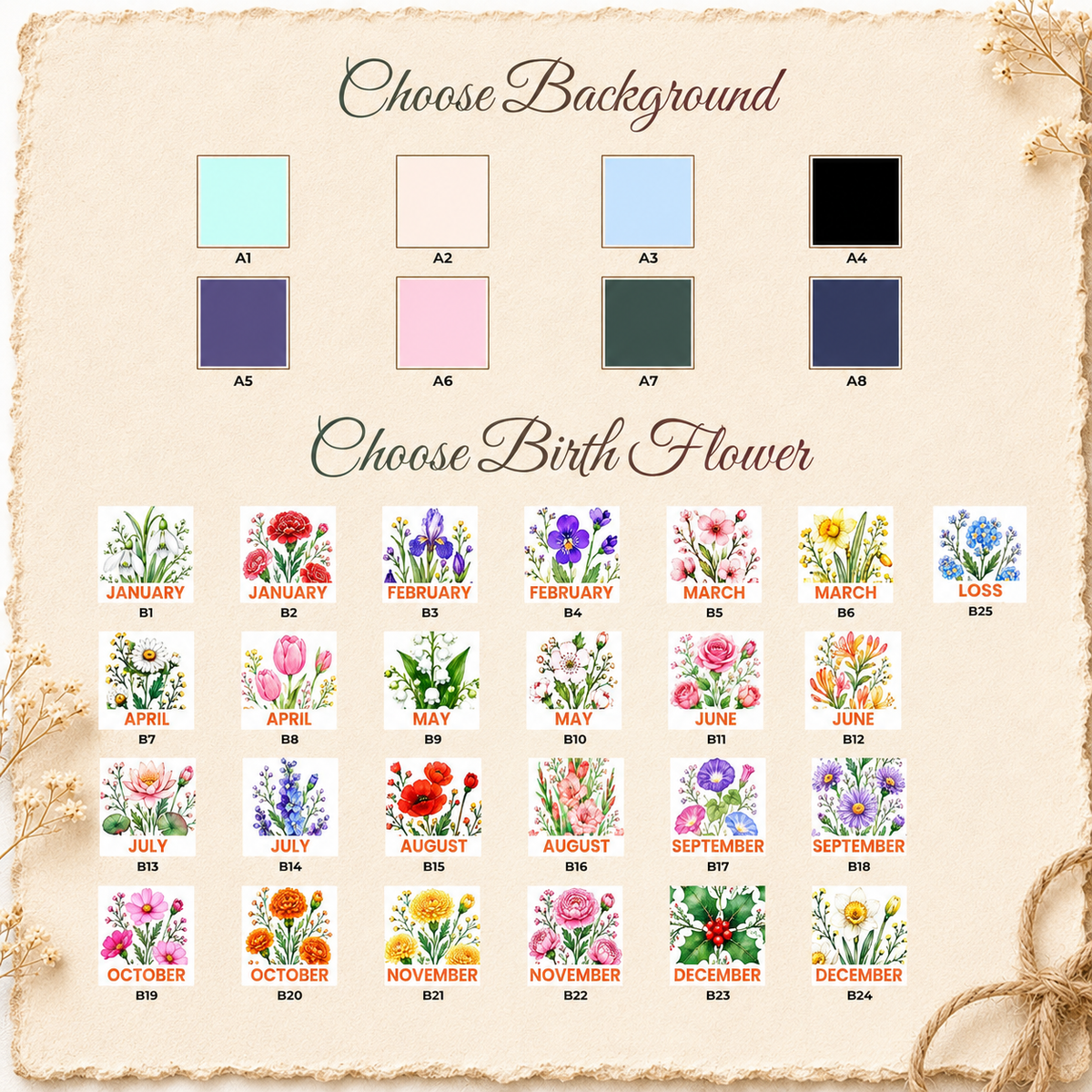 Customization guide chart displaying color swatches labeled A1 through A8 and various floral illustrations labeled by month.