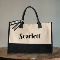 RodyThread Personalized Name Canvas Tote Bag for Women Bride Bridesmaid Proposal Preppy Coquette Minimalist Black and Cream Cotton Canvas Custom Monogrammed Gift for Her Bachelorette Bach Trip Beach Vacation Shopper with Ribbon Bow
