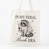 Custom In My Feral Bride Era Raccoon Canvas Tote Bag for Bride and Bridesmaids Funny Retro Y2K Gen Z Meme Aesthetic Bridal Shower Gift Bachelorette Party Favor Engagement Wedding Planning Reusable Grocery Shoulder Bag