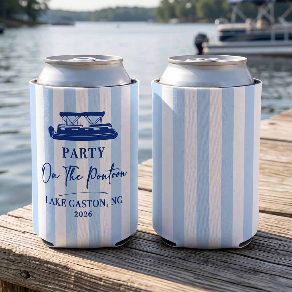RodyThread Personalized Summer Lake Party Bachelorette Weekend Favors Slim Can Coolers Drink Sleeve Bridesmaids Girls Coastal Preppy Camp Vibe Blue White Striped Waterproof Neoprene Custom Birthday Bulk Gifts Seltzer Holders Last Toast Coast