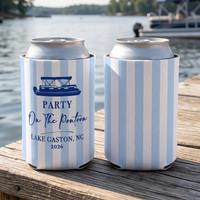 RodyThread Personalized Summer Lake Party Bachelorette Weekend Favors Slim Can Coolers Drink Sleeve Bridesmaids Girls Coastal Preppy Camp Vibe Blue White Striped Waterproof Neoprene Custom Birthday Bulk Gifts Seltzer Holders Last Toast Coast