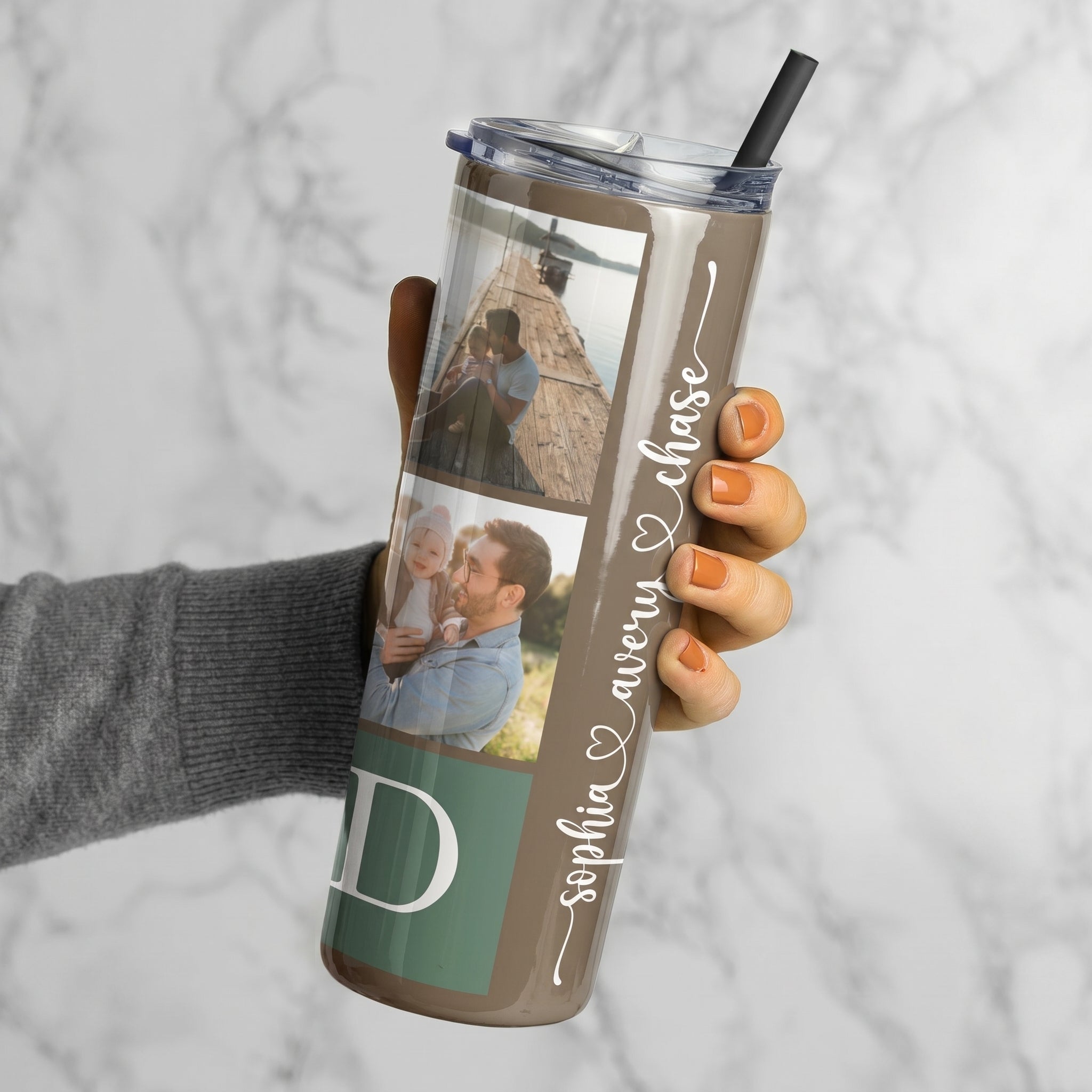 RodyThread Custom Personalized Dad Photo Collage Skinny Tumbler With Straw For Fathers Grandpas Modern Sentimental Family Aesthetic Sage Green Stainless Steel Custom Kids Names Cup Fathers Day Gift Insulated Travel Drinkware