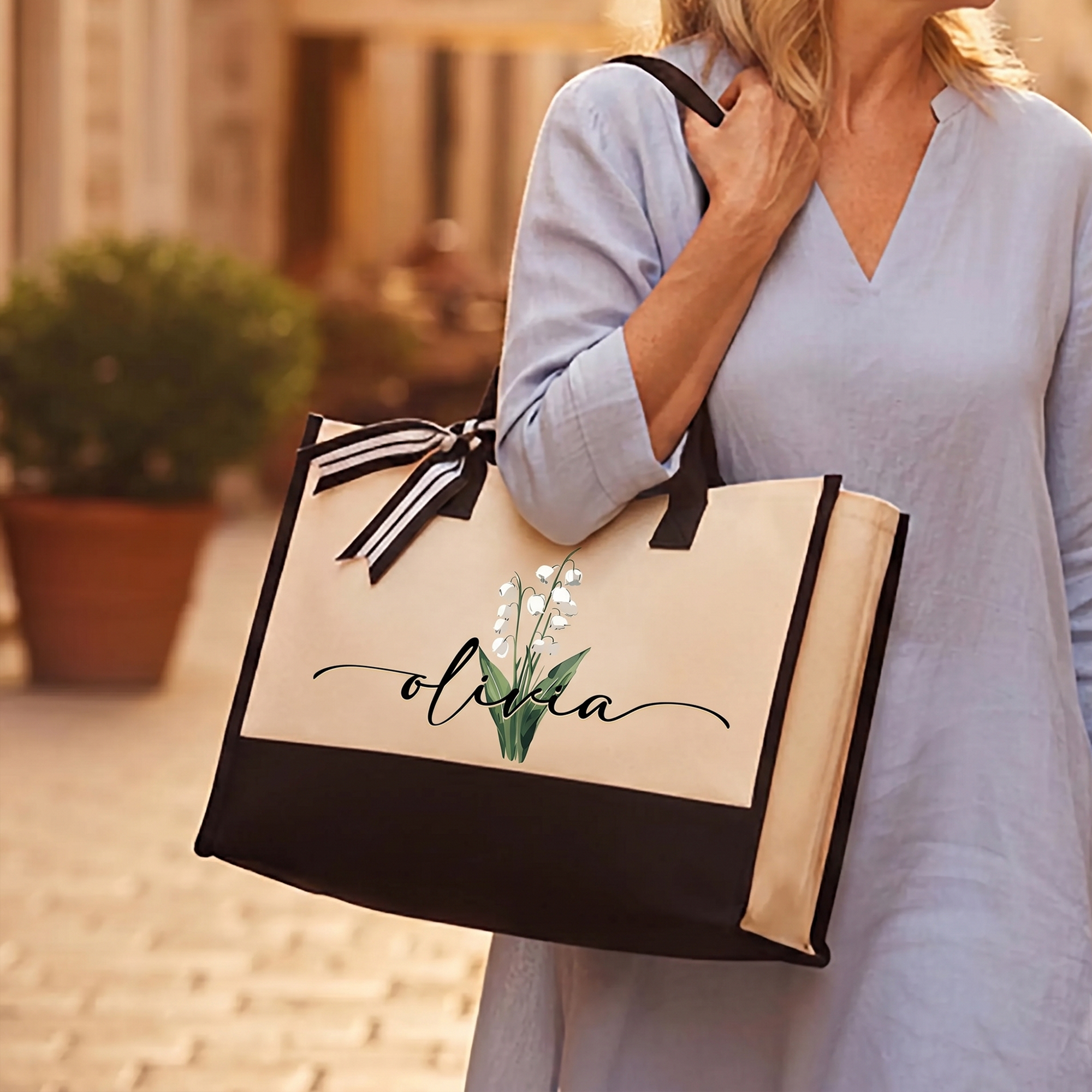 RodyThread Trendy Personalized Custom Birth Month Flower Name Canvas Tote Bag For Women Preppy Coquette Botanical Aesthetic Beige Black Canvas Birthday Gift Monogram Reusable Shopper Shoulder Bag Summer Travel Vacation Accessories