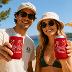 Couple wearing sunglasses and hats holding red Custom Little Mermaid Bachelorette Can Coolers outdoors near sunny waterfront
