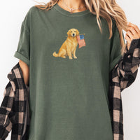 RodyThread Patriotic Golden Retriever USA Flag Graphic T-Shirt for Women and Dog Moms Vintage Americana Preppy Style Olive Green Cotton Tee 4th of July Independence Day Summer Outfit Casual Country Western Loose Fit Apparel Cute American Pet Lover Gift