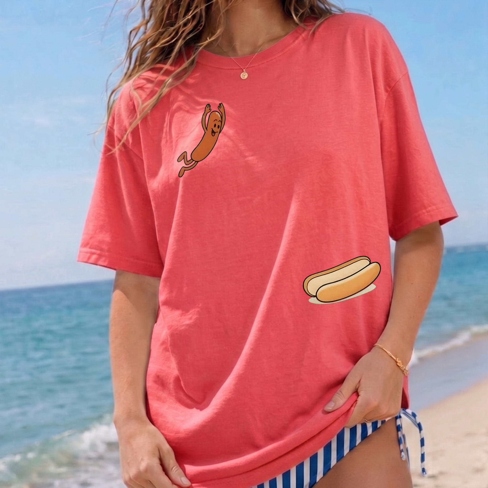 RodyThread Funny Jumping Hot Dog Oversized Graphic T-Shirt For Men Women Unisex Retro Cartoon Summer BBQ Dad Joke Humor Light Blue Cotton Grilling Present Sausage Tee High Dive Humor Top Barbecue Lover Apparel Fathers Day Gift