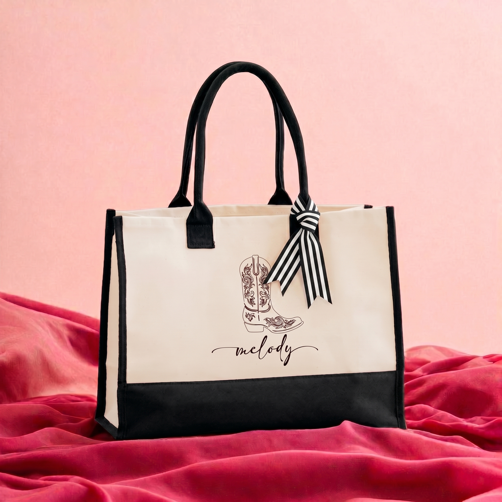 RodyThread Custom Cowgirl Tote Bag Canvas Tote Bag For Bridal Party Women Western Nashville Bachelorette Aesthetic Beige Black Two Tone Canvas Cotton Bride Squad Souvenir Gift Southern Belle Bridesmaid Proposal Favor Personalized Name Boot Design