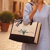 RodyThread Trendy Personalized Custom Birth Month Flower Name Canvas Tote Bag For Women Preppy Coquette Botanical Aesthetic Beige Black Canvas Birthday Gift Monogram Reusable Shopper Shoulder Bag Summer Travel Vacation Accessories