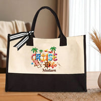 RodyThread Custom Name Summer Trip Tote Personalized Canvas Beach Bag For Women Girls Trip Preppy Coastal Coquette Aesthetic Natural Beige Black Canvas Bridesmaid Bachelorette Vacation Gift Destination Holiday Travel Essentials Ribbon Bow