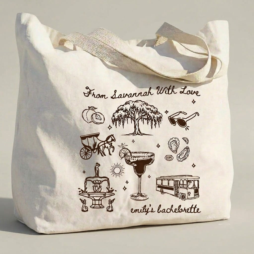 Custom Savannah Bachelorette Girls Trip Favor Canvas Tote Bag Bridesmaids Bridal Party Southern Charm Coastal Preppy Aesthetic Natural Cotton Canvas Reusable Welcome Gift Bag Weeping Willow Peach Print Weekend Getaway Hangover Kit