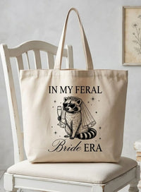 Custom In My Feral Bride Era Raccoon Canvas Tote Bag for Bride and Bridesmaids Funny Retro Y2K Gen Z Meme Aesthetic Bridal Shower Gift Bachelorette Party Favor Engagement Wedding Planning Reusable Grocery Shoulder Bag