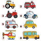 Chart displaying numbered cartoon vehicle designs including tractors, fire trucks, police cars, and ambulances for custom