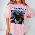 A woman wearing a pink oversized custom pet portrait graphic t-shirt with a vintage 90s design.