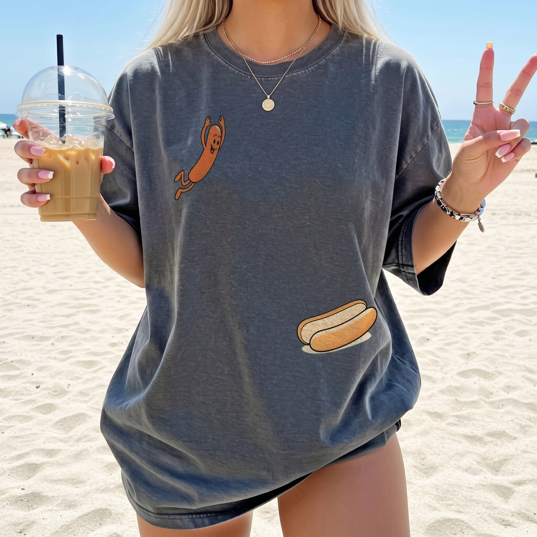 RodyThread Funny Jumping Hot Dog Oversized Graphic T-Shirt For Men Women Unisex Retro Cartoon Summer BBQ Dad Joke Humor Light Blue Cotton Grilling Present Sausage Tee High Dive Humor Top Barbecue Lover Apparel Fathers Day Gift