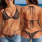 Front and back views of a woman in a personalized 3D sexy bikini t-shirt with a leopard print swimsuit and name Jessica.