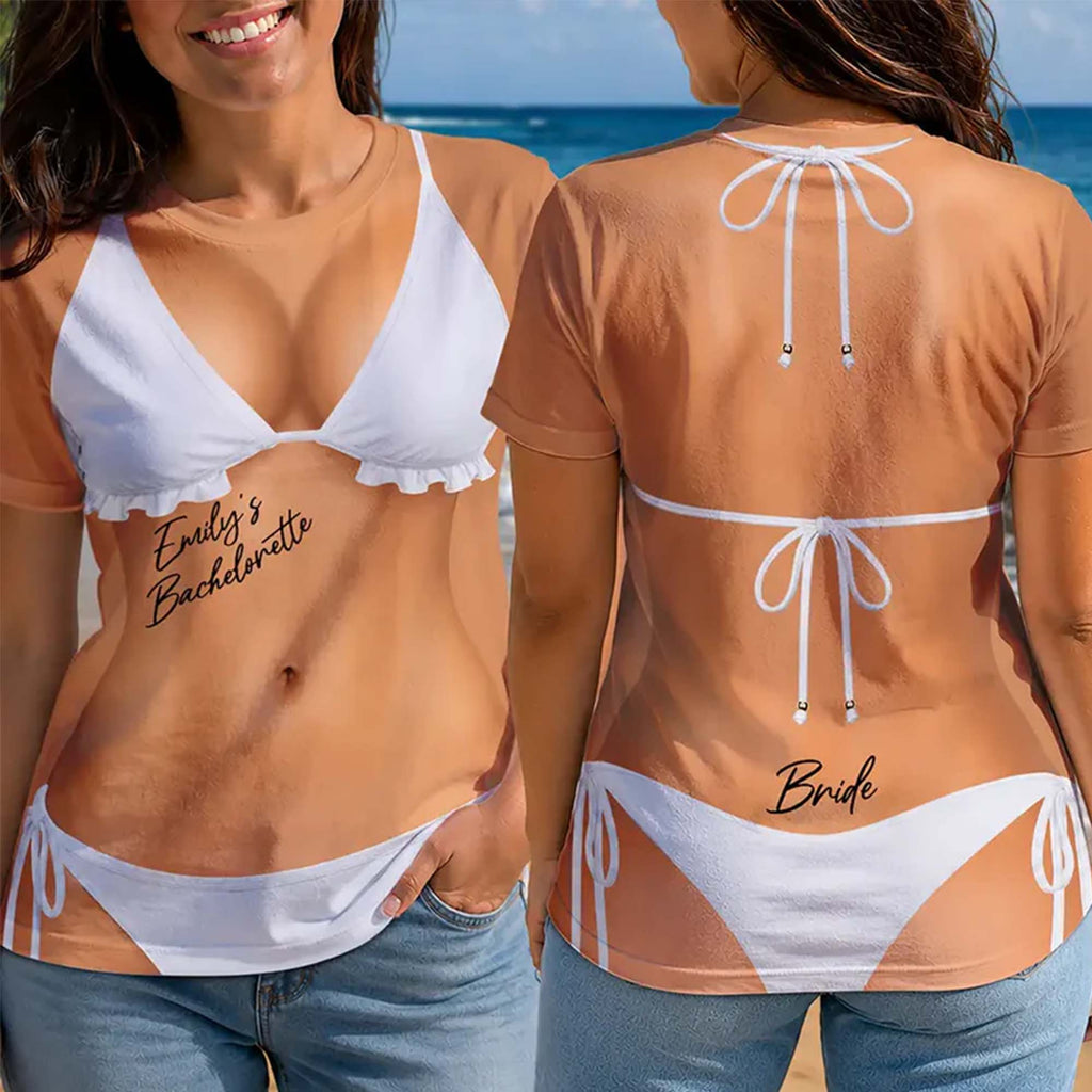 Front and back view of a woman wearing a white bikini body bachelorette t-shirt with string bikini prints and custom text.