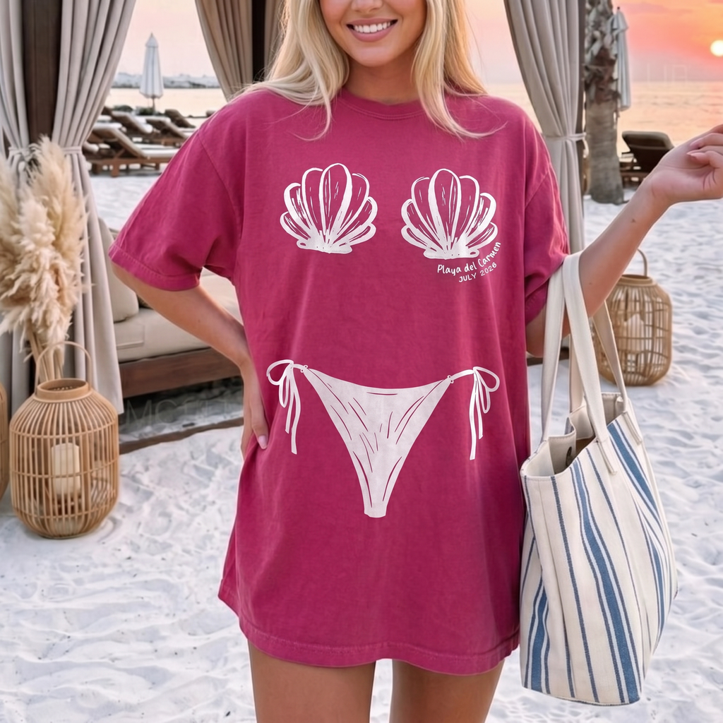 RodyThread Personalized Funny Shell Bikini Body Illusion Oversized Graphic T-Shirt Custom Cover Up For Women Bridesmaid Bachelorette Party Preppy Beach Aesthetic Pastel Colors Cotton Blend Summer Vibes Vacation Outfits Custom Cute Novelty Swimsuit Tee