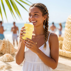 Smiling woman holding yellow Custom Little Mermaid Bachelorette Can Coolers on sunny beach with palm trees and ocean view