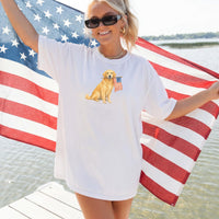 RodyThread Patriotic Golden Retriever USA Flag Graphic T-Shirt for Women and Dog Moms Vintage Americana Preppy Style Olive Green Cotton Tee 4th of July Independence Day Summer Outfit Casual Country Western Loose Fit Apparel Cute American Pet Lover Gift