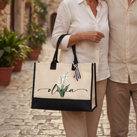 RodyThread Trendy Personalized Custom Birth Month Flower Name Canvas Tote Bag For Women Preppy Coquette Botanical Aesthetic Beige Black Canvas Birthday Gift Monogram Reusable Shopper Shoulder Bag Summer Travel Vacation Accessories