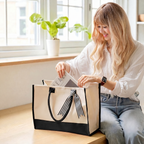 Woman packing a custom cowgirl tote bag with a magazine at a table, ideal for a southern belle weekend or bridesmaid gift.