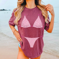 RodyThread Pink Leopard Bikini Graphic Oversized T-Shirt Cover Up For Women And Teens Bachelorette Party Bride and Bridesmaids Matching Y2K Coquette Summer Beachwear Cotton Top Funny Trompe Illusion Vacation Loungewear Aesthetic Retro Streetwear