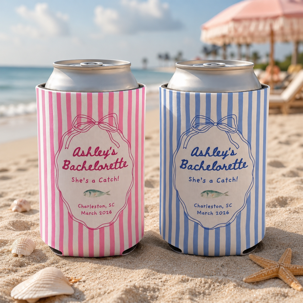 RodyThread Personalized Summer Lake Party Bachelorette Weekend Favors Slim Can Coolers Drink Sleeve Bridesmaids Girls Coastal Preppy Camp Vibe Blue White Striped Waterproof Neoprene Custom Birthday Bulk Gifts Seltzer Holders Last Toast Coast (Copy)