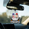 Custom acrylic car visor clip shaped like a police car with baby photos and text saying Drive Safe Daddy hanging from a car