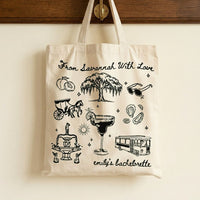 Custom Savannah Bachelorette Girls Trip Favor Canvas Tote Bag Bridesmaids Bridal Party Southern Charm Coastal Preppy Aesthetic Natural Cotton Canvas Reusable Welcome Gift Bag Weeping Willow Peach Print Weekend Getaway Hangover Kit