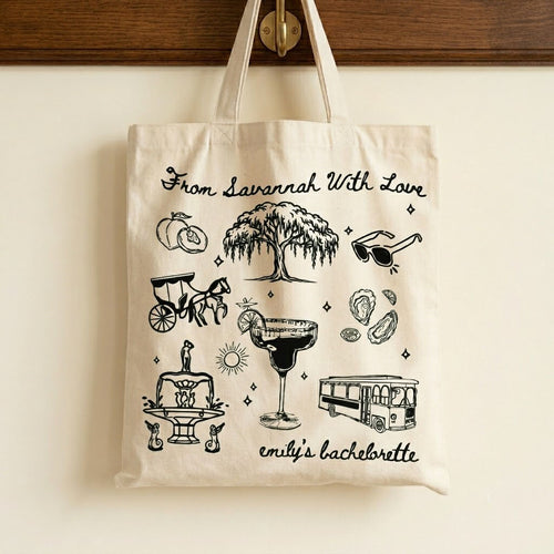Custom Savannah Bachelorette Girls Trip Favor Canvas Tote Bag Bridesmaids Bridal Party Southern Charm Coastal Preppy Aesthetic Natural Cotton Canvas Reusable Welcome Gift Bag Weeping Willow Peach Print Weekend Getaway Hangover Kit