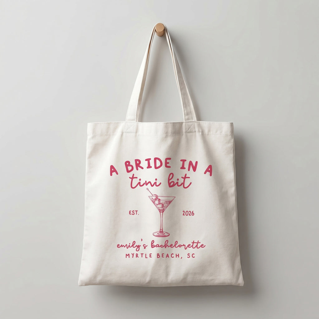 RodyThread Personalized Bachelorette Party Canvas Tote Bag for Bride Squad and Bridesmaids Cocktail-Core Mob Wife Aesthetic Natural Cotton Canvas A Bride in a Tini Bit Martini Design Custom Wedding Favor Reusable Eco Friendly Gift Bag