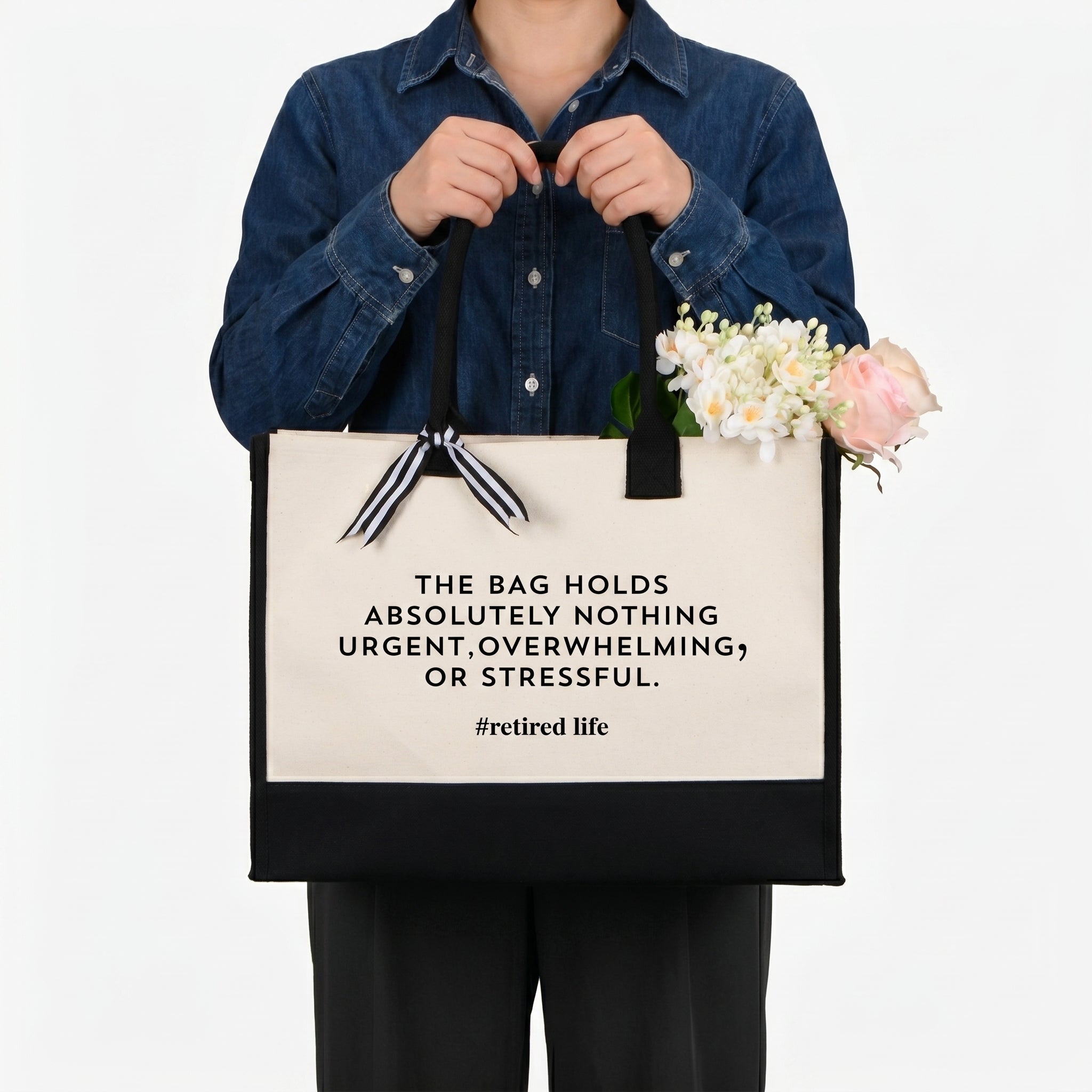 RodyThread Funny Retired Life Cornered Tote Bag For Women Preppy Minimalist Black And White Canvas Retirement Gift The Bag Holds Absolutely Nothing Urgent Overwhelming Or Stressful Novelty Coworker Farewell Present Summer Vacation Beach Tote