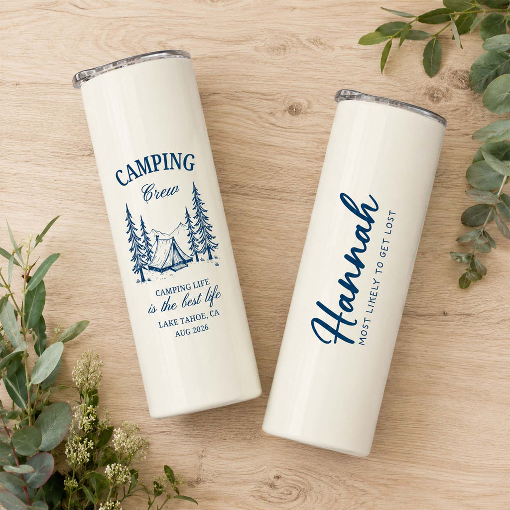 RodyThread Personalized Custom Camping Tumbler Skinny Travel Mug For Bridesmaid Family Trip Minimalist Preppy Camp Aesthetic Cream Stainless Steel Single Line Art Camp Bachelorette Mountain Bride Girls Weekend Gift