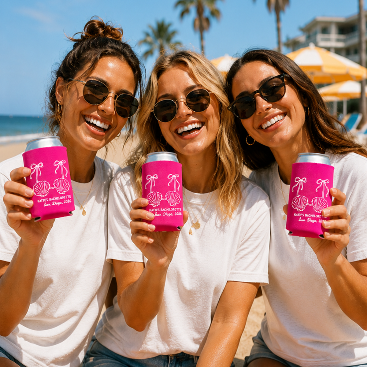 Three smiling bridesmaids in white tops and sunglasses holding pink Custom Little Mermaid Bachelorette Can Coolers at beach