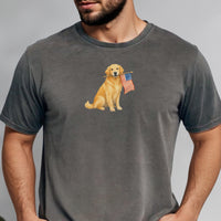 RodyThread Patriotic Golden Retriever USA Flag Graphic T-Shirt for Women and Dog Moms Vintage Americana Preppy Style Olive Green Cotton Tee 4th of July Independence Day Summer Outfit Casual Country Western Loose Fit Apparel Cute American Pet Lover Gift