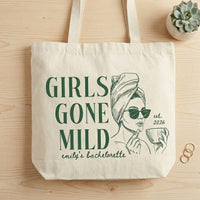 Custom Girls Gone Mild Bachelorette Party Favor Tote Bag for Bridesmaids Preppy Spa Weekend Aesthetic Heavy Cotton Canvas Reusable Goodie Bag Personalized Bridal Shower Gift Pjs and Prosecco Wellness Theme